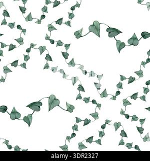 Élégant motif aquarelle sans couture avec des vignes de lierre délicates avec des feuilles en forme de cœur. Motif en treillis botanique peint à la main avec émeraude profonde Banque D'Images