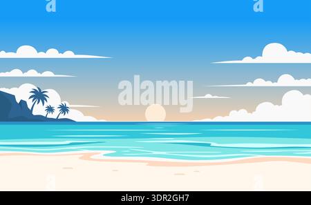 Une scène matinale sereine d'une plage tropicale avec du sable blanc, de l'eau turquoise claire et un soleil brillant se levant à l'horizon. Illustration de Vecteur