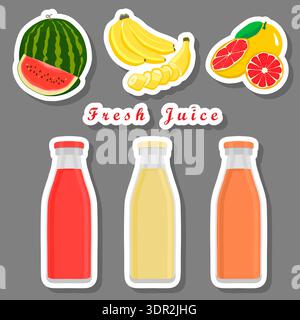 Illustration sur le thème de l'ensemble bouteilles multicolores avec savoureux jus de pamplemousse, kit bouteilles composé de jus de pamplemousse naturel liquide, pamplemousse j Illustration de Vecteur