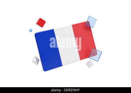 Rendu 3d du drapeau français avec des formes géométriques flottantes et des matériaux transparents, isolés sur blanc. Banque D'Images