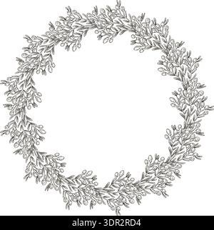 Couronne de cercle avec fleurs sauvages et espace de copie dans le style vintage esquisse. Design festif décoratif vectoriel dessiné à la main. Dessin graphique idéal pour modèle de carte de Pâques. Parfait pour la saison des fêtes de printemps. Illustration de Vecteur