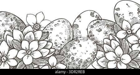 Fond de Pâques avec oeuf de caille et fleur de jasmin dans le style croquis vintage. Conception vectorielle d'art de ligne dessinée à la main. Cadre floral avec espace copie. Parfait pour carte de voeux et modèle de vacances de printemps. Illustration de Vecteur