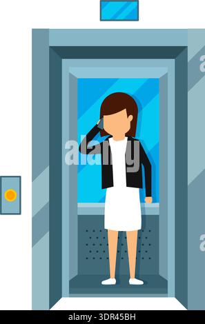 Femme dans l'ascenseur appelant. Personne de dessin animé parlant au téléphone Illustration de Vecteur