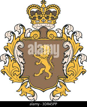 Emblème de lion doré. Insigne orné de couronne médiévale Illustration de Vecteur