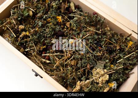 Herbes séchées dans un récipient en bois. Assortiment d'herbes séchées avec des fleurs dans une boîte en bois naturel Banque D'Images
