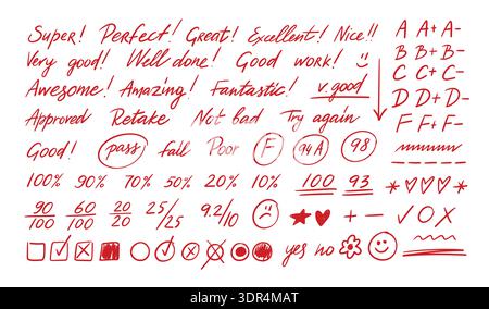 Ensemble de doodle de notation de l'école avec des notes rouges et des commentaires manuscrits pour la feuille de travail de la classe, les commentaires d'examen de l'enseignant. Script dessiné à la main Pass et Illustration de Vecteur