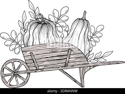Chariot en bois avec citrouilles, feuilles, champignons. Graphiques vectoriels dessinés à la main. Dessin graphique noir d'un chariot de légumes rustique. Contour d'esquisse Illustration de Vecteur