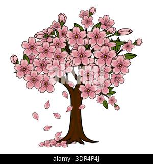 Illustration vectorielle d'arbre de fleur de cerisier en fleurs avec des pétales tombants Illustration de Vecteur