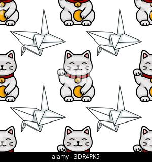 Modèle vectoriel sans couture de chats chanceux et de grues origami, fond blanc Illustration de Vecteur