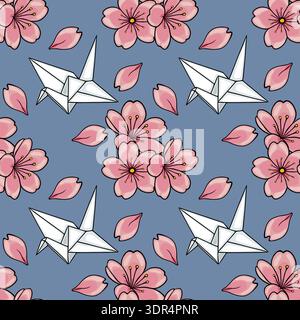 Motif vectoriel sans couture de délicates fleurs de cerisier roses et de grues en origami sur un fond bleu doux, avec des pétales dispersés. Illustration de Vecteur