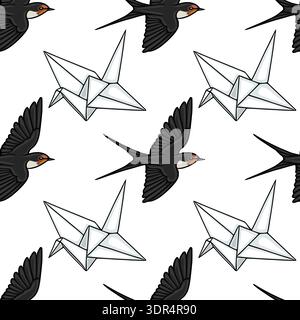Modèle vectoriel sans couture d'hirondelles volantes et de grues en origami sur fond blanc Illustration de Vecteur