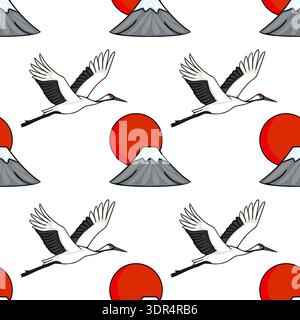 Modèle vectoriel sans couture de grues japonaises volant au-dessus du mont Fuji avec un soleil rouge Illustration de Vecteur