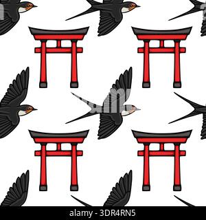 Modèle vectoriel sans couture des portes Torii rouges traditionnelles et des oiseaux d'hirondelles volantes dans le style japonais Illustration de Vecteur