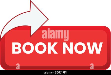 Un bouton rouge avec une flèche blanche et les mots « RÉSERVER MAINTENANT » sur un fond blanc Uni, utilisé pour demander une action ou un appel à l'action. Illustration de Vecteur