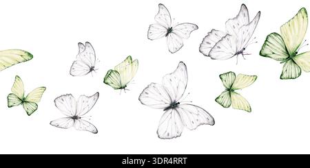 Papillons blancs et verts à la frontière sans couture avec un motif scintillant délicat, inspiré par le Morpho godartii Bolivia.Symboling âmes défuntes Banque D'Images