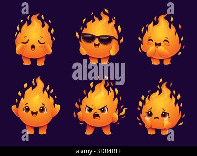 Personnage de feu. Mascotte de flamme de dessin animé mignonne avec visage drôle et étincelles, emoji kawaii blaze joyeux, endormi, en colère et heureux, expression en pleurs. Alimentation Illustration de Vecteur