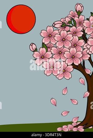 Illustration vectorielle vibrante d'un arbre en fleurs de cerisier avec des pétales tombants et un soleil rouge. Illustration de Vecteur