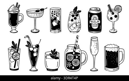 Boisson et doodle de boisson. Cocktail, mocktail et jus de fruits, soda et bière, smoothie et champagne, croquis de vin et martini, mojito et limonade, thé glacé Illustration de Vecteur