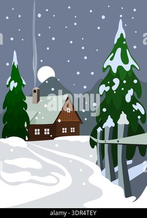 Cabane d'hiver enneigée confortable parmi les pins avec ciel de lune et flocons de neige tombant, illustration vectorielle Illustration de Vecteur