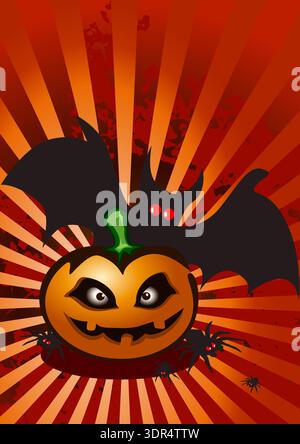 Spooky Halloween citrouille avec chauve-souris et araignées sur fond radial rouge, illustration vectorielle Illustration de Vecteur