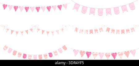 Guirlande de guirlande rose aquarelle avec des coeurs de drapeaux fanion et des textures pastel douces suspendues sur la décoration festive de chaîne pour les enfants fête bébé fille Illustration de Vecteur