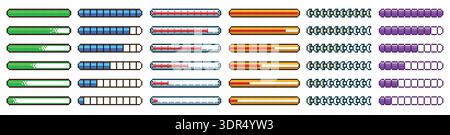 barre de progression du chargement 8 bits. Indicateur de processus de téléchargement de jeu vidéo rétro, compteur de santé, niveau d'état pour le tableau de bord de jeu d'arcade. 16 bits 80s vintage Illustration de Vecteur