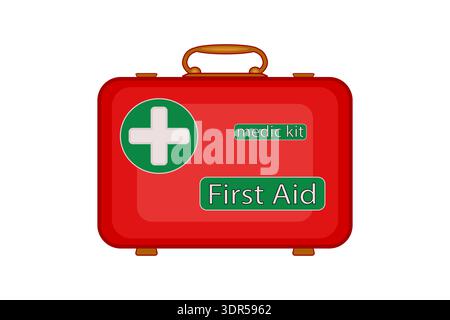 Trousse de premiers soins, sac médical.boîte rouge de trousse de premiers soins avec croix médicale blanche et texte « premiers soins ».services médicaux d'urgence.soins de santé et sécurité.vecteur Illustration de Vecteur