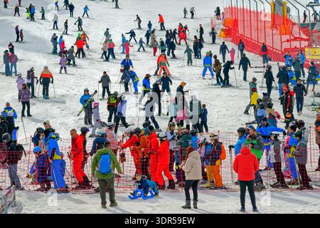 Piste bondée pour débutants de la station de ski. Banque D'Images