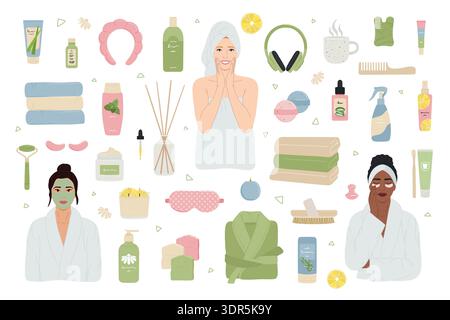 Compositions avec illustrations de produits cosmétiques de beauté pour le soin de la peau avec bougie. Concept de spa à domicile, rituel d'auto-soins, soins à domicile et bien-être Illustration de Vecteur