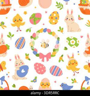 Joli motif sans couture de pâques. Éléments drôles de vacances de printemps, animaux, décorations, œufs colorés répétés, lapins, textile de décoration, papier d'emballage Illustration de Vecteur