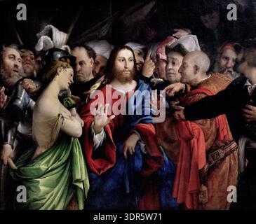La femme adultère - L'adulte 1527 par Lorenzo LOTTO 1480-1557 Italie Musée Italien Louvre . Musée du Louvre, Paris, France, français. Banque D'Images