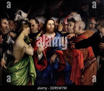 La femme adultère - L'adulte 1527 par Lorenzo LOTTO 1480-1557 Italie Musée Italien Louvre . Musée du Louvre, Paris, France, français. Banque D'Images