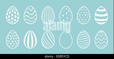 Un ensemble d'œufs de Pâques avec des motifs décoratifs mignons sur un fond bleu. Un ensemble de silhouettes d'oeufs avec des motifs. Illustration de Vecteur