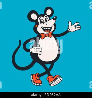 Personnage de souris de dessin animé rétro dans un style d'illustration vintage groovy avec des contours audacieux et un fond bleu vif. Personnage de souris rétro dans groovy Illustration de Vecteur