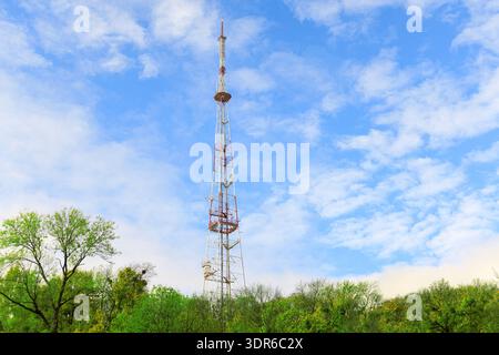 Une tour de transmission solitaire se dresse au milieu d'arbres verdoyants, sa structure est un treillis de métal contre le ciel expansif Banque D'Images