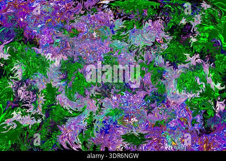Œuvres d'art numériques abstraites expressives aux tons verts et violets intenses entrelacés avec des reflets électriques et des textures organiques tourbillonnantes. Banque D'Images