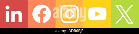 Jeu d'icônes de l'application de médias sociaux. LinkedIn, Facebook, Instagram, Youtube et X, ancien Twitter. Boutons carrés plats avec des icônes vectorielles de différentes couleurs. Illustration de Vecteur