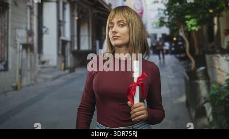 Femme tient le rouleau de diplôme avec ruban rouge, la main droite saisissant le rouleau, expression neutre confiante tout en se tenant debout dans une rue ; fierté résilience. Banque D'Images