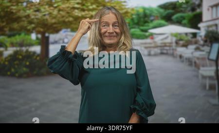 Femme senior pointe le doigt au temple avec un sourire à une terrasse de café de rue en plein air, main et visage visibles, portant une robe verte ; curiosité réfléchie. Banque D'Images