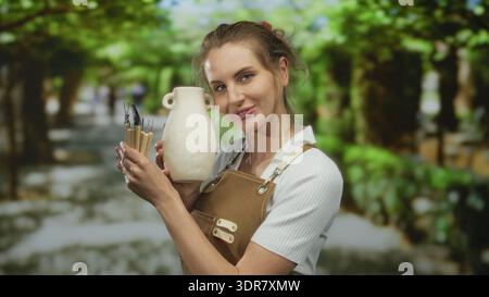 Jeune femme dans le tablier tient un pot en céramique et des pinceaux, souriant tout en profitant du processus créatif dans un cadre verdoyant de parc, affichant l'artiste Banque D'Images