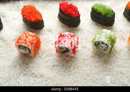 Différents types de Sushi disposés sur un lit de riz blanc avec des couleurs contrastées Banque D'Images
