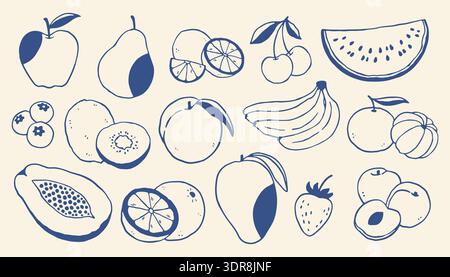 Ensemble d'illustration vectorielle de fruits dessinés à la main avec des pommes, des bananes, des agrumes, des baies et des fruits tropicaux. Collection de nourriture d'art de ligne bleue minimale pour Illustration de Vecteur