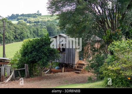 Maison de ferme rustique en bois parmi les arbres dans un paysage rural à Nova Esperanca do Sudoeste Parana Brésil Banque D'Images
