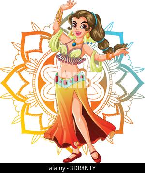 Danseuse du ventre vectorielle colorée en costume traditionnel, pose dynamique, fond mandala, style de dessin animé Illustration de Vecteur