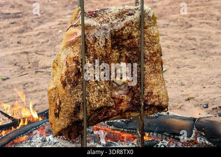 Gros plan de côtes de bœuf salées rôties sur un stand métallique vertical au-dessus d'un feu au sol à Florestopolis Parana Brésil Banque D'Images