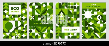 Affiches écologie de l'environnement avec motif géométrique vert Bauhaus. Écologie Saving vecteur Flyer, pollution nature Bauhaus forme bannière. Carte abstraite de protection de la terre ou affiche de jour de l'environnement Illustration de Vecteur