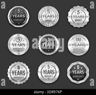 5 ans de garantie badges et étiquettes en argent, des sceaux de récompense avec des couronnes de laurier. Les emblèmes vectoriels argentés véhiculent confiance et longévité, parfaits pour les étiquettes de produits, les certifications de qualité ou les garanties de service Illustration de Vecteur