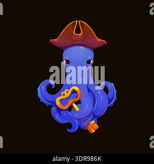 Actif de jeu de personnage de pieuvre pirate de bande dessinée avec clé en métal de chapeau de tricorne et tentacules courbés. Icône héraldique de pirate vecteur. Mascotte d'animaux marins dans l'aventure fantastique avec corps bleu et chapeau corsaire Illustration de Vecteur