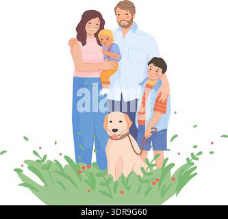 Famille heureuse ensemble. Parents et enfants avec chien. isolé sur fond blanc Illustration de Vecteur