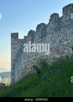 Ancien mur de pierre du château de Spišský hrad surplombant un paysage verdoyant, Spišské Podhradie, Prešov, Slovaquie, mai 2024 Banque D'Images